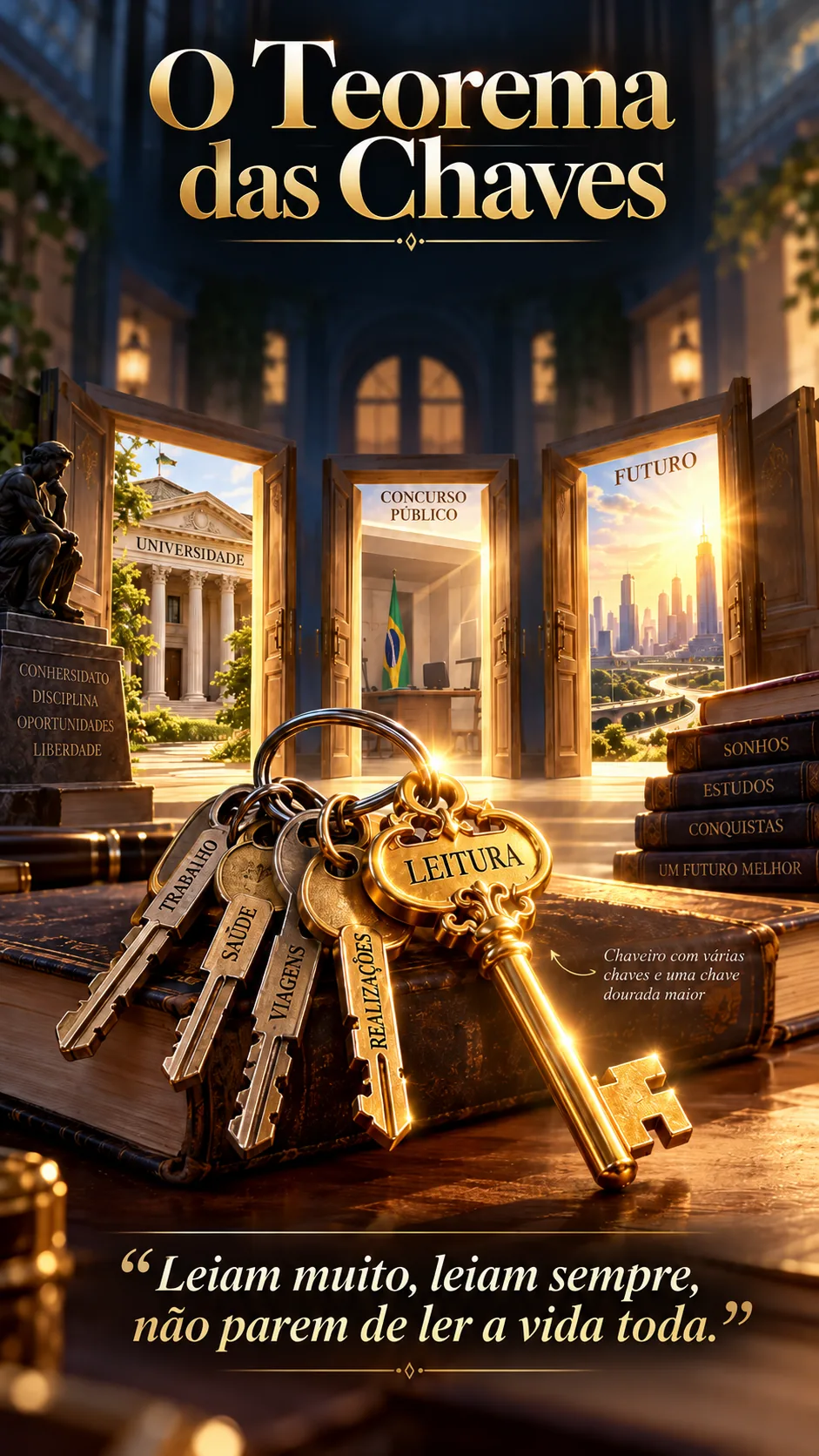 Capa de O Teorema das Chaves: um chaveiro com várias chaves e uma chave dourada maior sobre um livro, com três portas iluminadas ao fundo